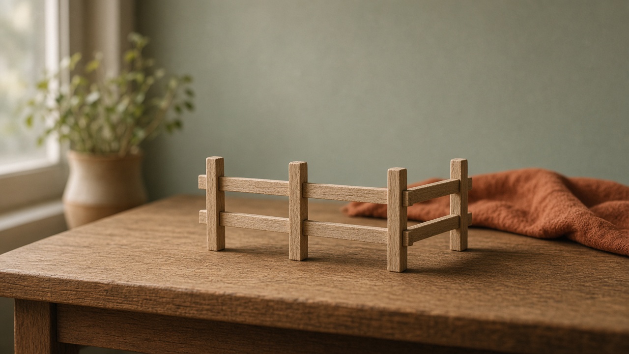 A small wooden fence model on an oak desk