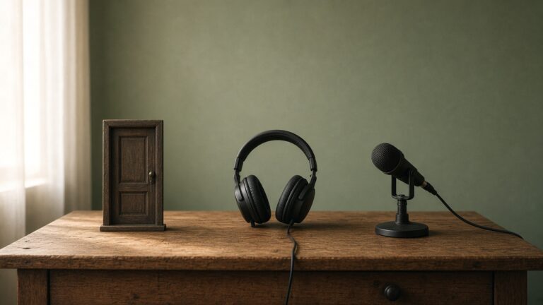 Headphones, a small wooden door, and a microphone on a desk