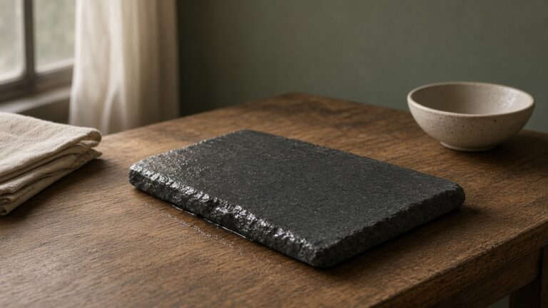 A dark stone slab, wet and glossy along one edge