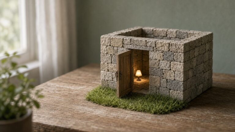 A small stone room model with the wooden door half open