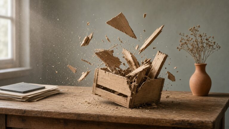 A wooden crate breaking apart on a desk