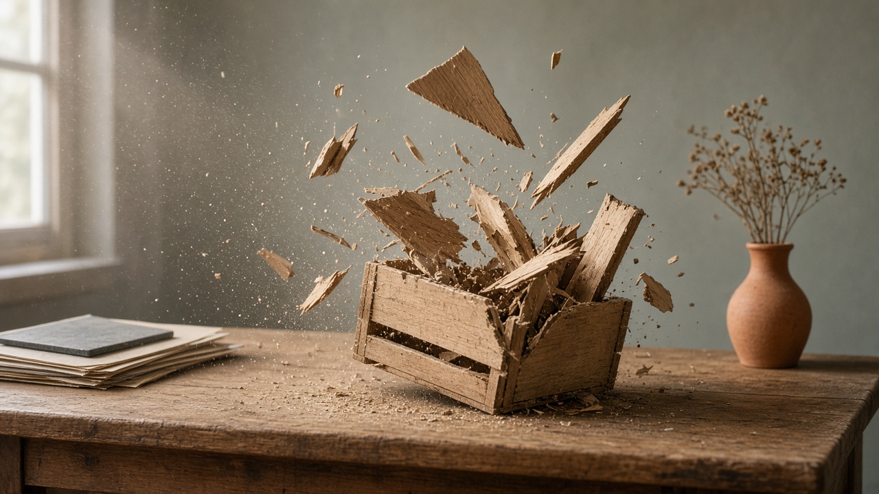 A wooden crate breaking apart on a desk