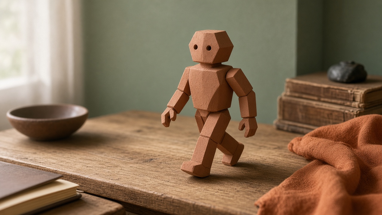 A chunky clay robot figure mid-stride