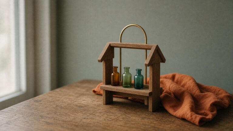 A tiny wooden stall with three glass bottles and a plain gold arch