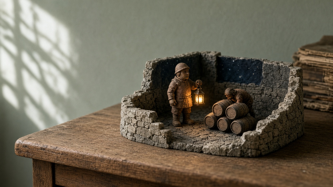 A tiny courtyard diorama with a guard, a lantern, and barrels
