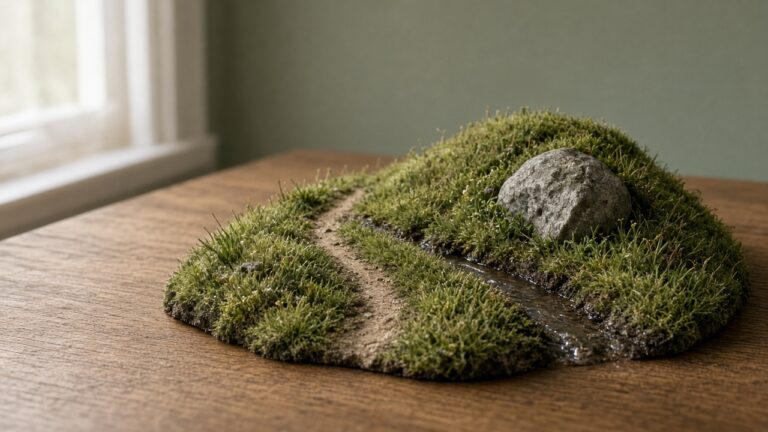 A small grassy hill model with a dirt path, a rock, and a trickle of water