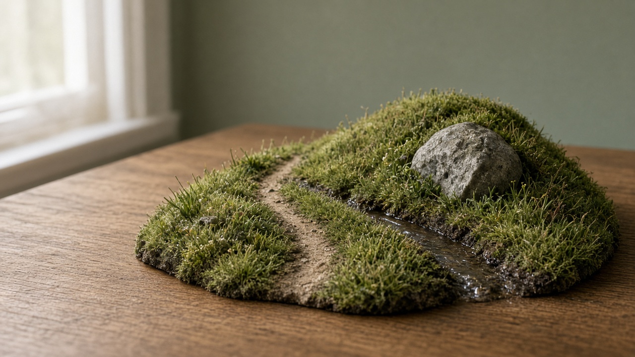 A small grassy hill model with a dirt path, a rock, and a trickle of water