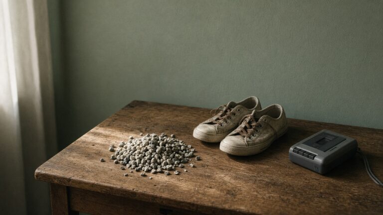 Worn canvas shoes, a pile of gravel, and a small recorder