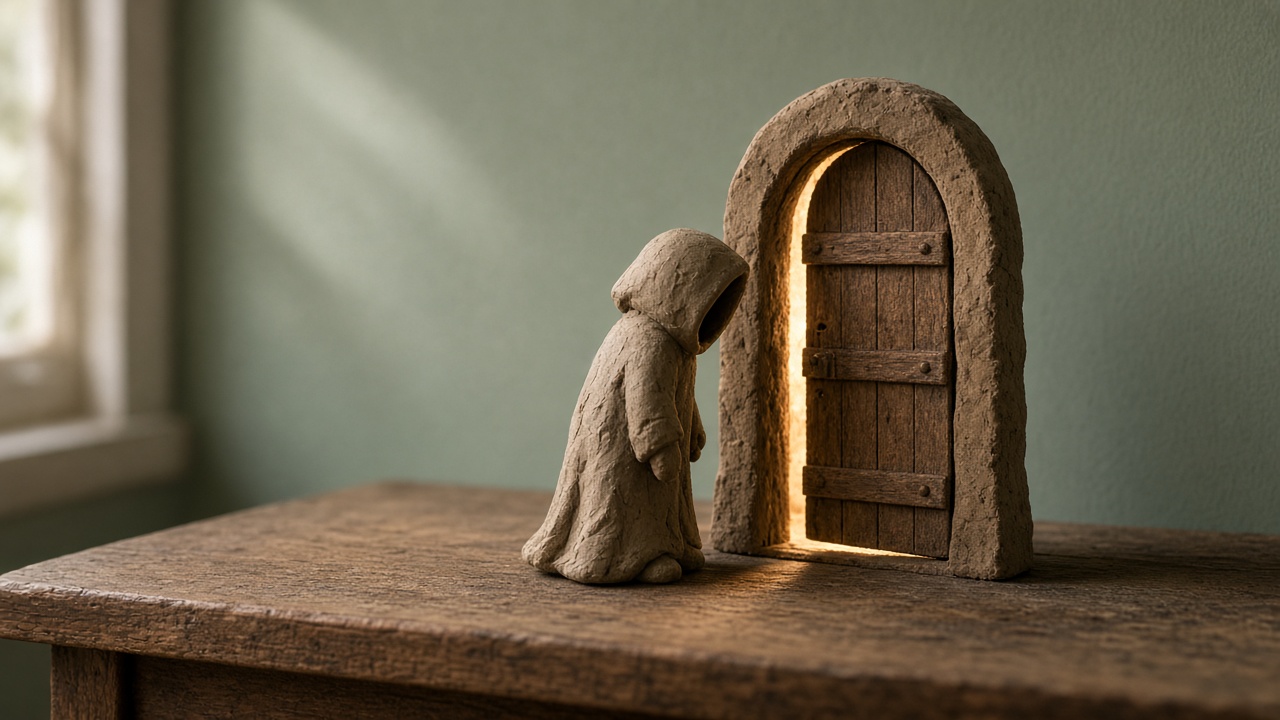 A small hooded clay figure beside a wooden door