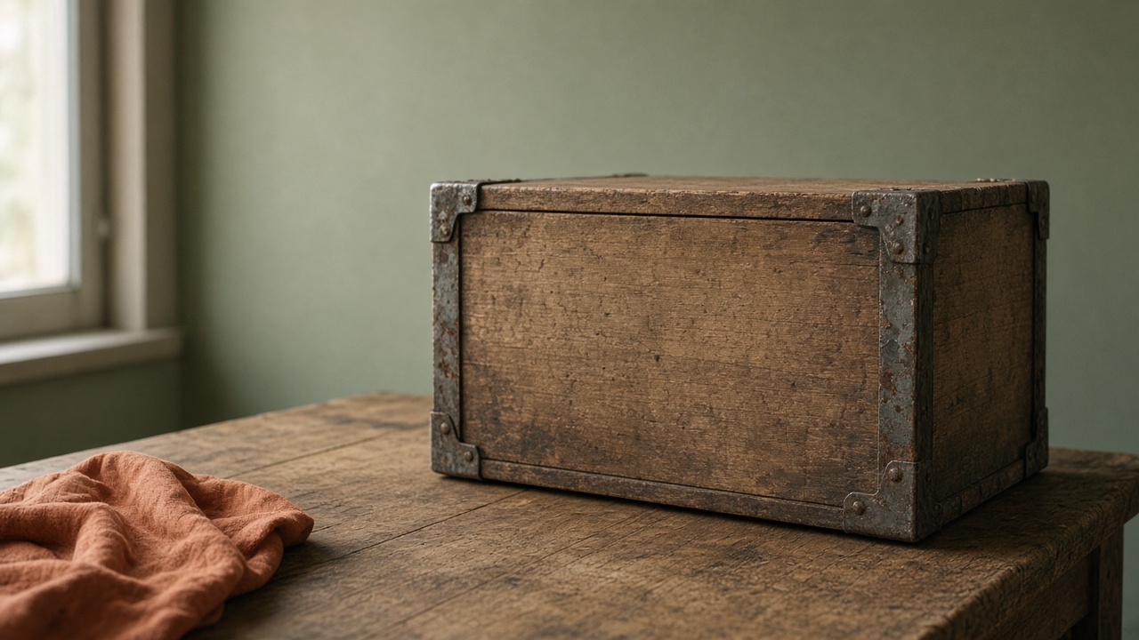 A worn wooden crate with steel corner brackets