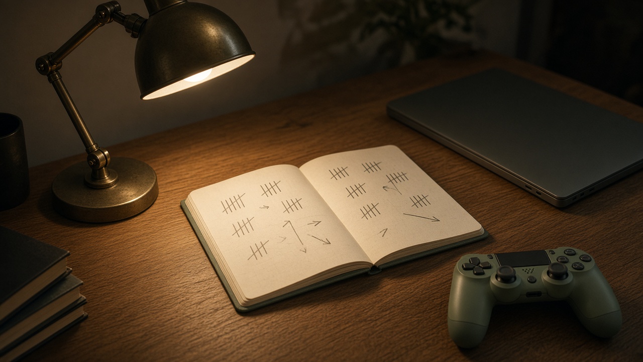 A notebook of tally marks beside a controller and a closed laptop