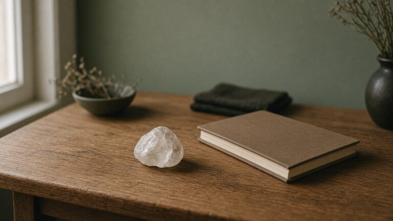 A pale crystal on a wooden desk beside a closed book