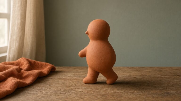 A simple rounded clay figure mid-stride