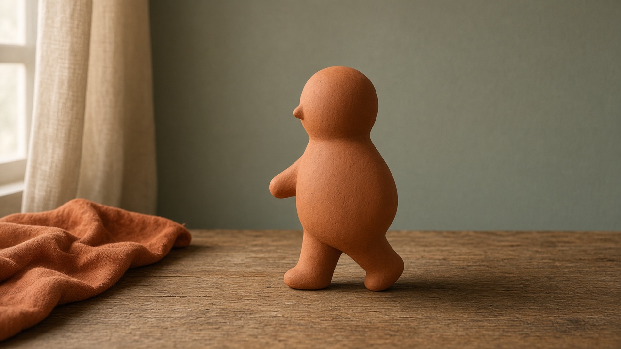 A simple rounded clay figure mid-stride