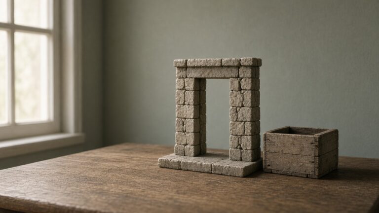 A small stone doorway model with a wooden crate beside it