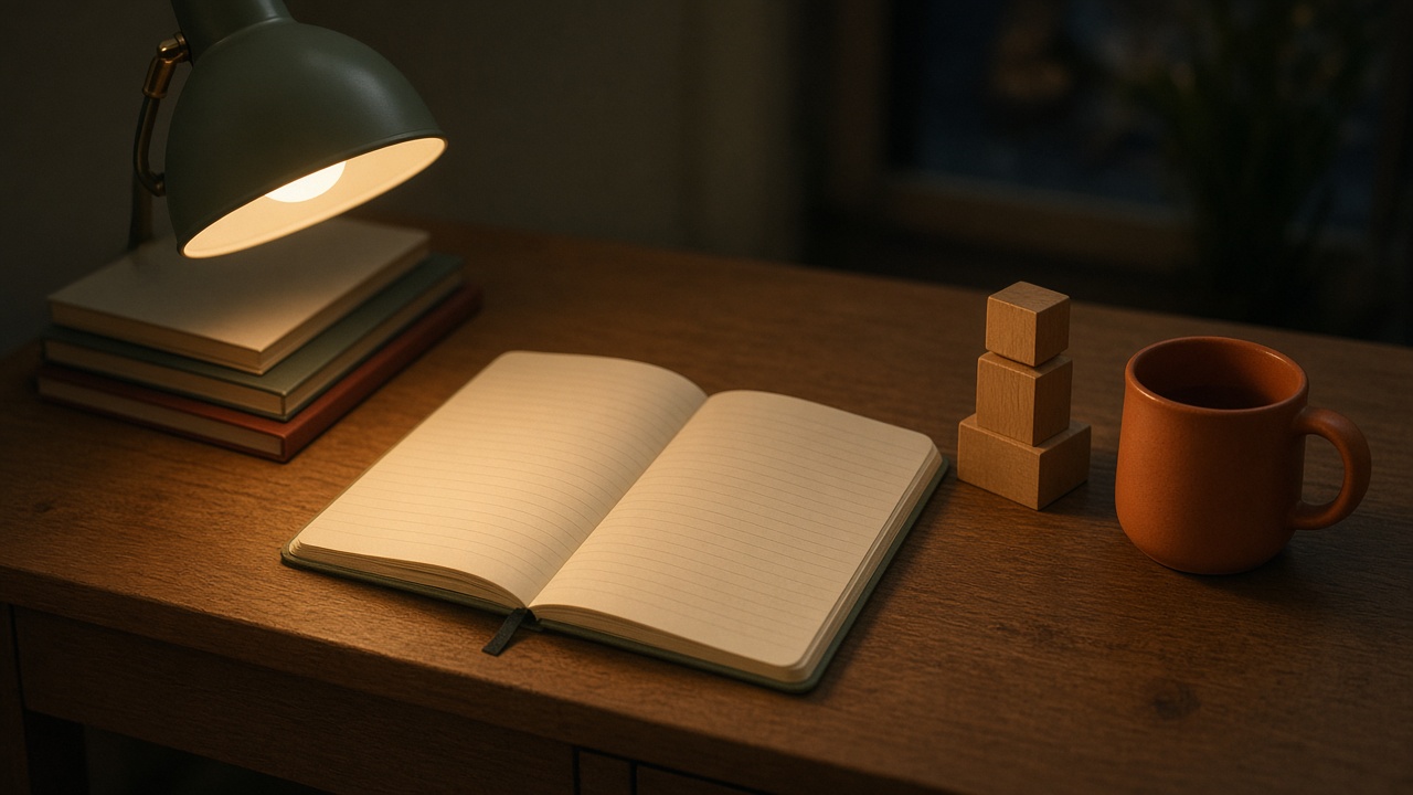 An open blank notebook, wooden blocks, and a mug under a lamp