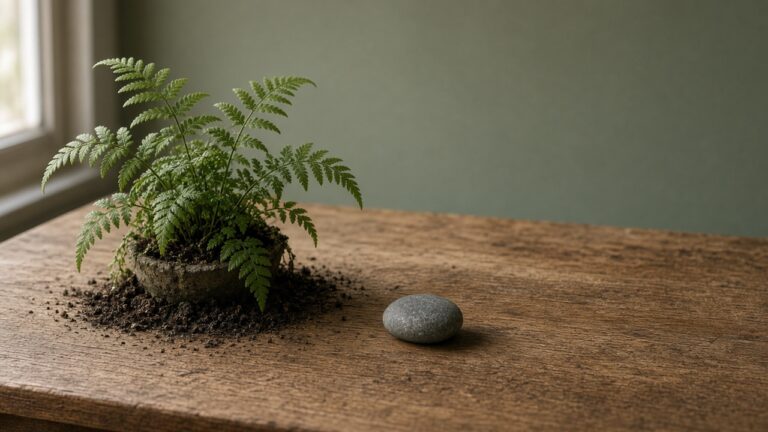 A small fern in soil beside a gray pebble