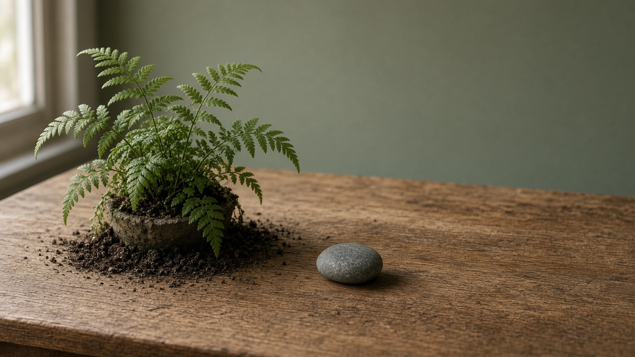 A small fern in soil beside a gray pebble