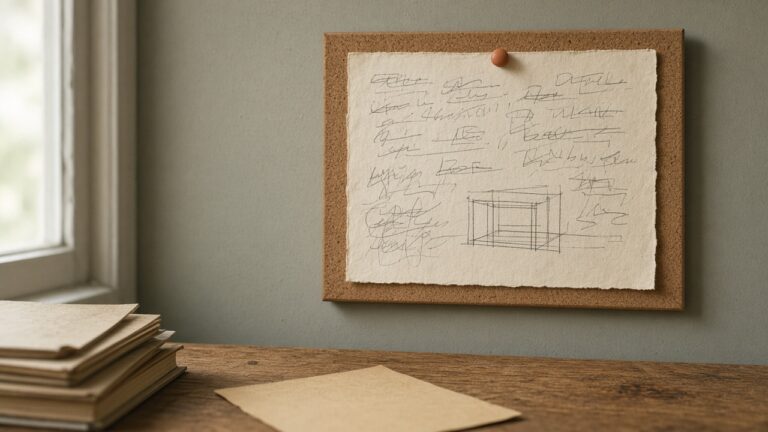 A cork board with one sketched page and a simple level drawing