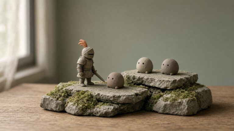 A tiny clay knight facing three round creatures on mossy stones