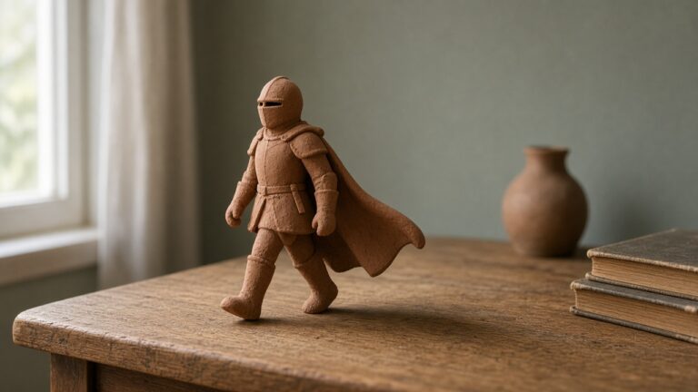 A clay knight with one boot lifted