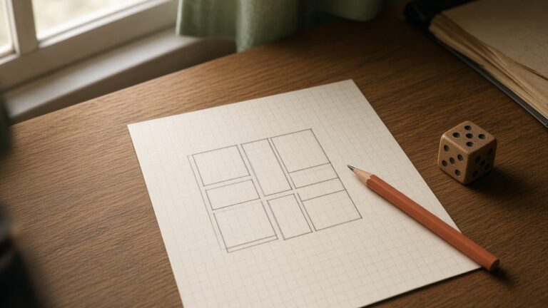 Graph paper with rooms of different sizes, a pencil, and a die