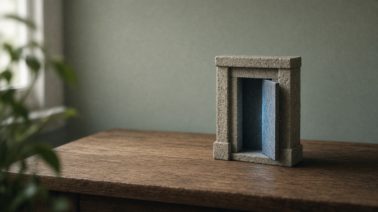 A small stone doorway with a soft blue light on the door