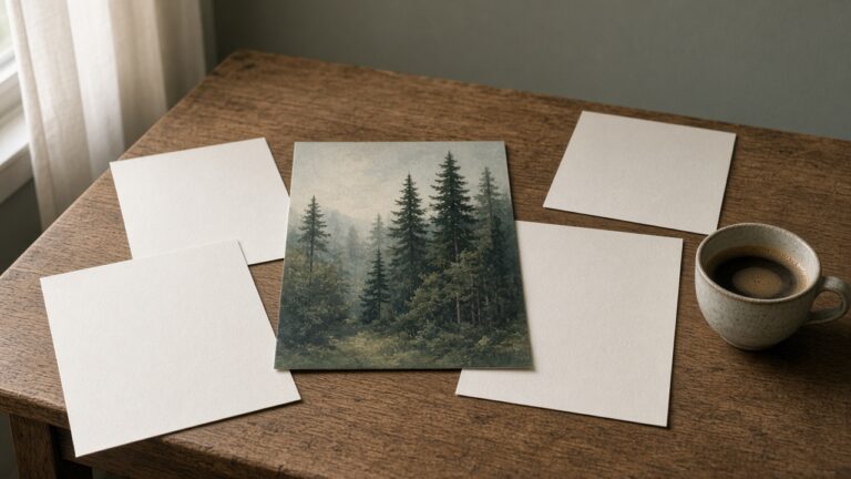 Blank sheets and one forest print beside a cup of coffee