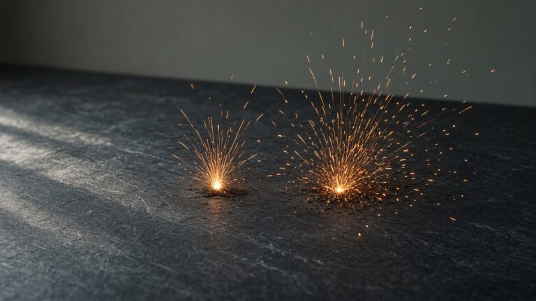 Two bursts of sparks, one small and one large, on dark stone