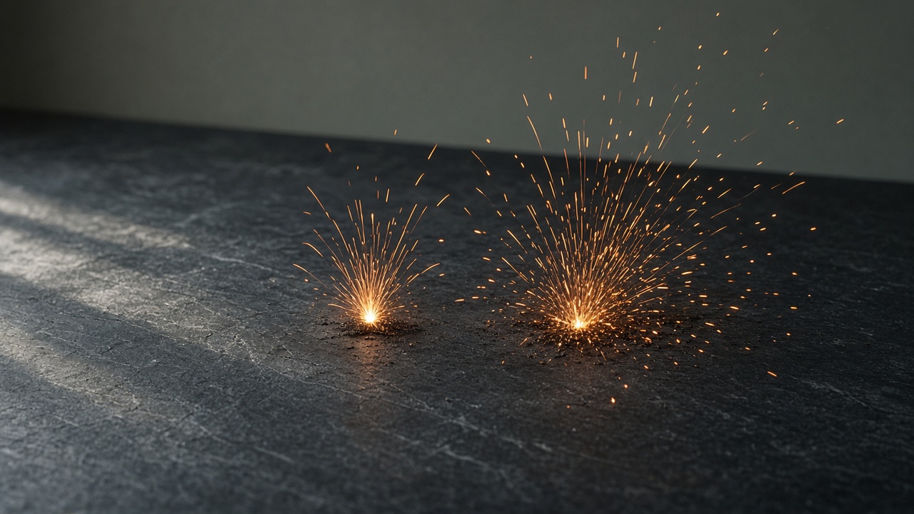 Two bursts of sparks, one small and one large, on dark stone