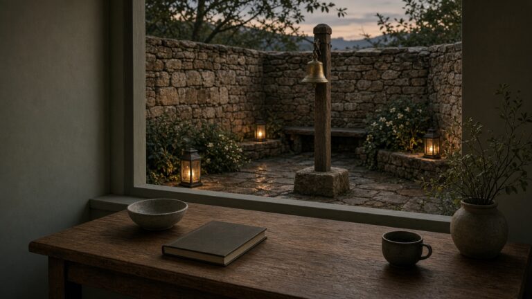 A stone courtyard at dusk with lanterns and a brass bell