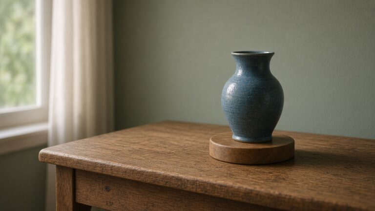A blue ceramic vase on a wooden pedestal