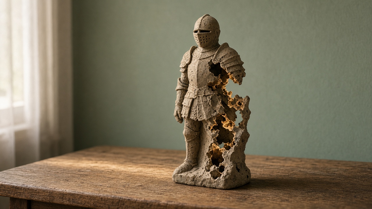 A clay knight statue with part of the body broken into holes