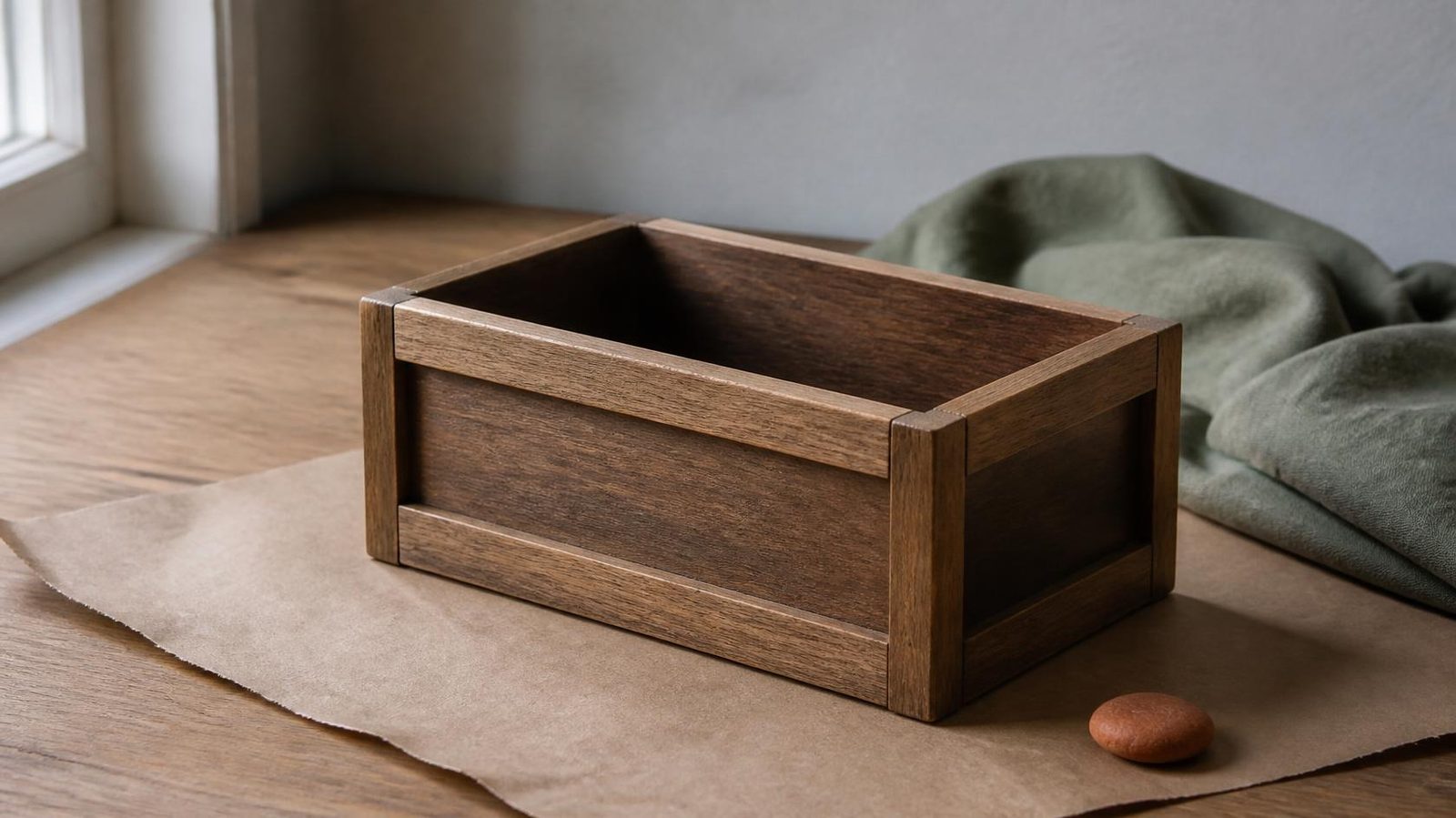A small wooden crate with framed side panels on warm paper, with a sage cloth and a clay pebble, on an oak desk.