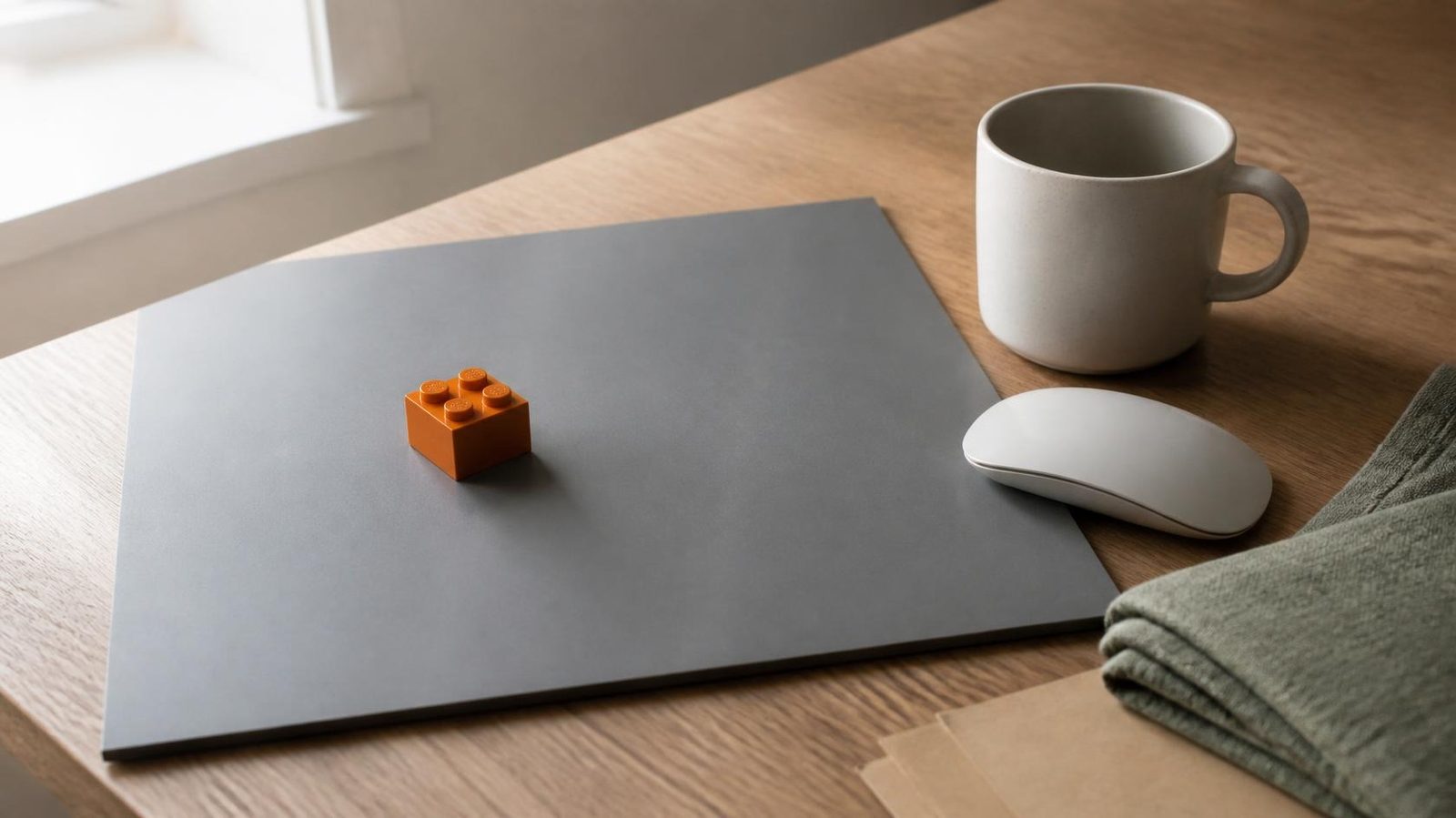 A single orange toy block on a flat gray board, next to a mug and a mouse, on an oak desk in window light.
