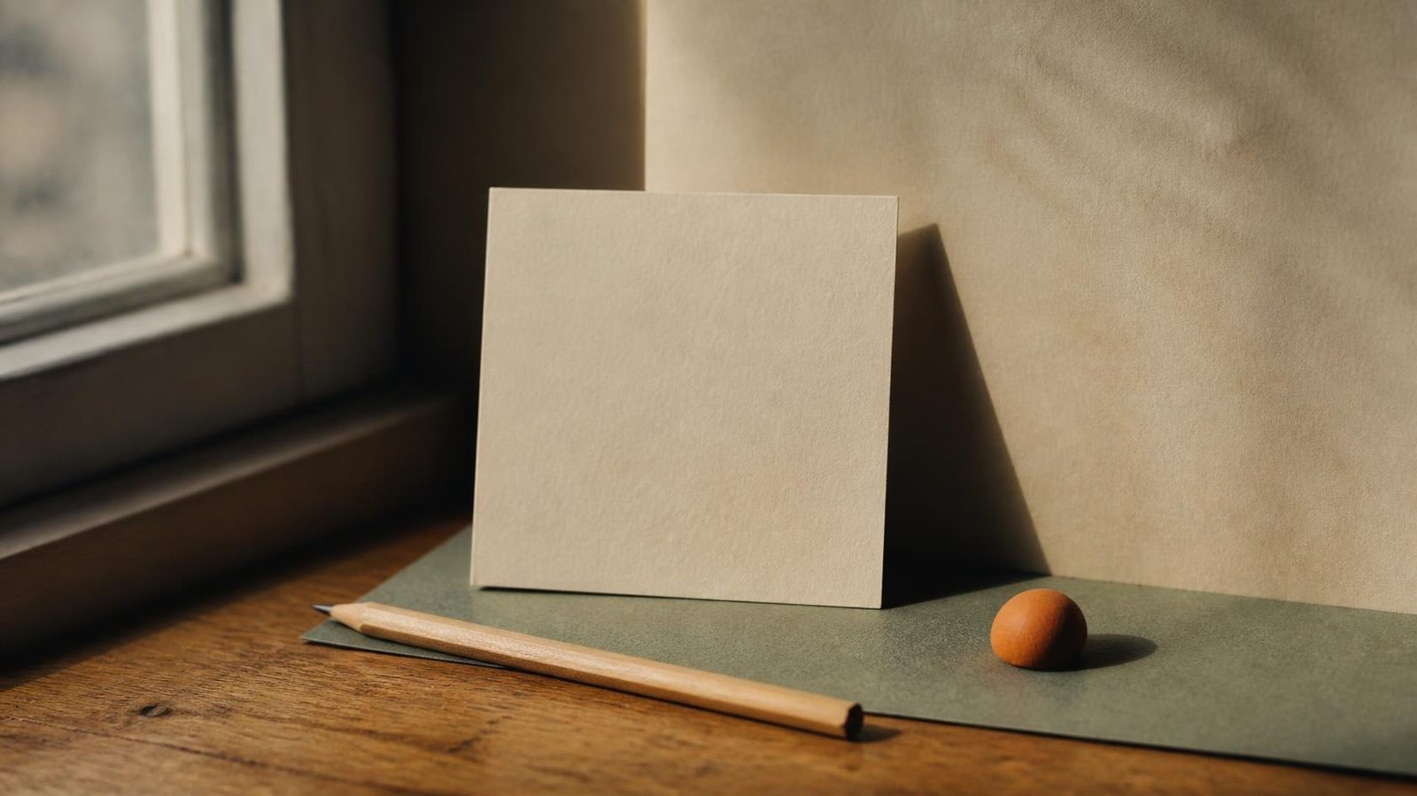 A blank paper square standing on a sage sheet on an oak desk, with a pencil and a small clay pebble in window light.