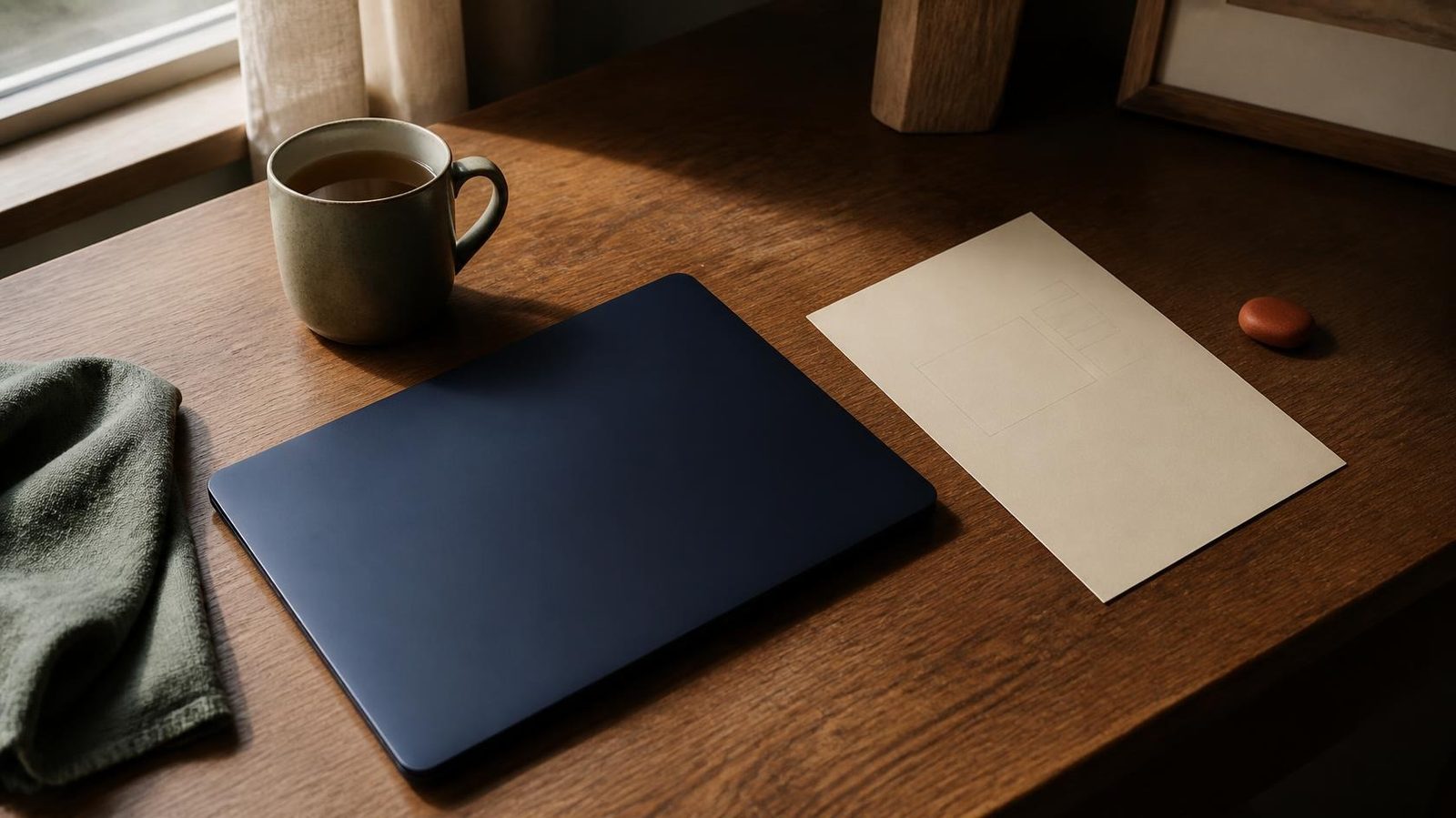 Closed navy laptop, tea mug, and a pencil level sketch on warm paper on an oak desk.