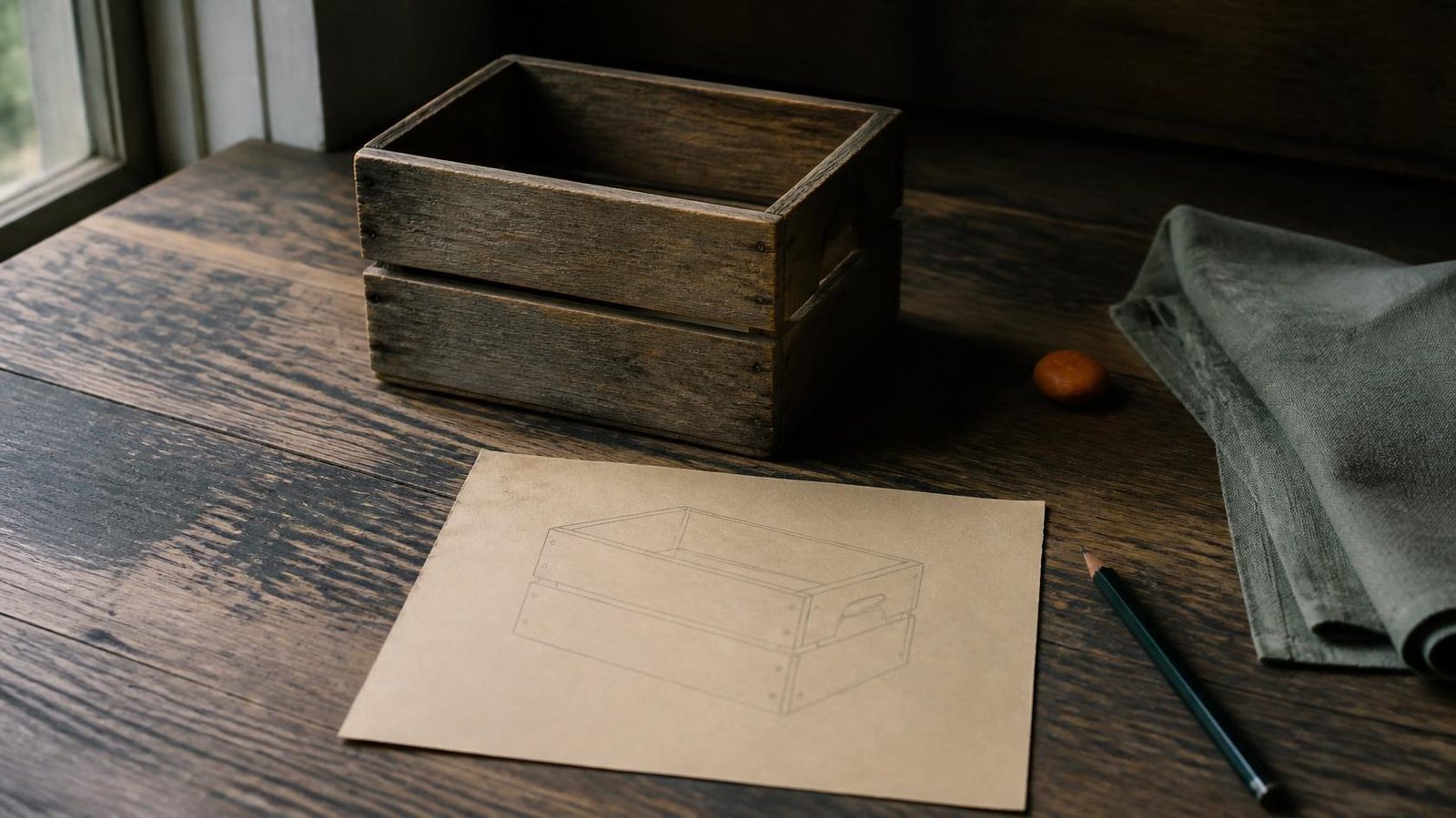 Weathered wooden crate beside a pencil sketch of the same crate on an oak desk.