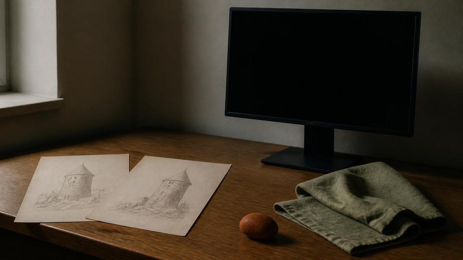 Two pencil sketches of a stone tower beside a blank monitor on an oak desk.