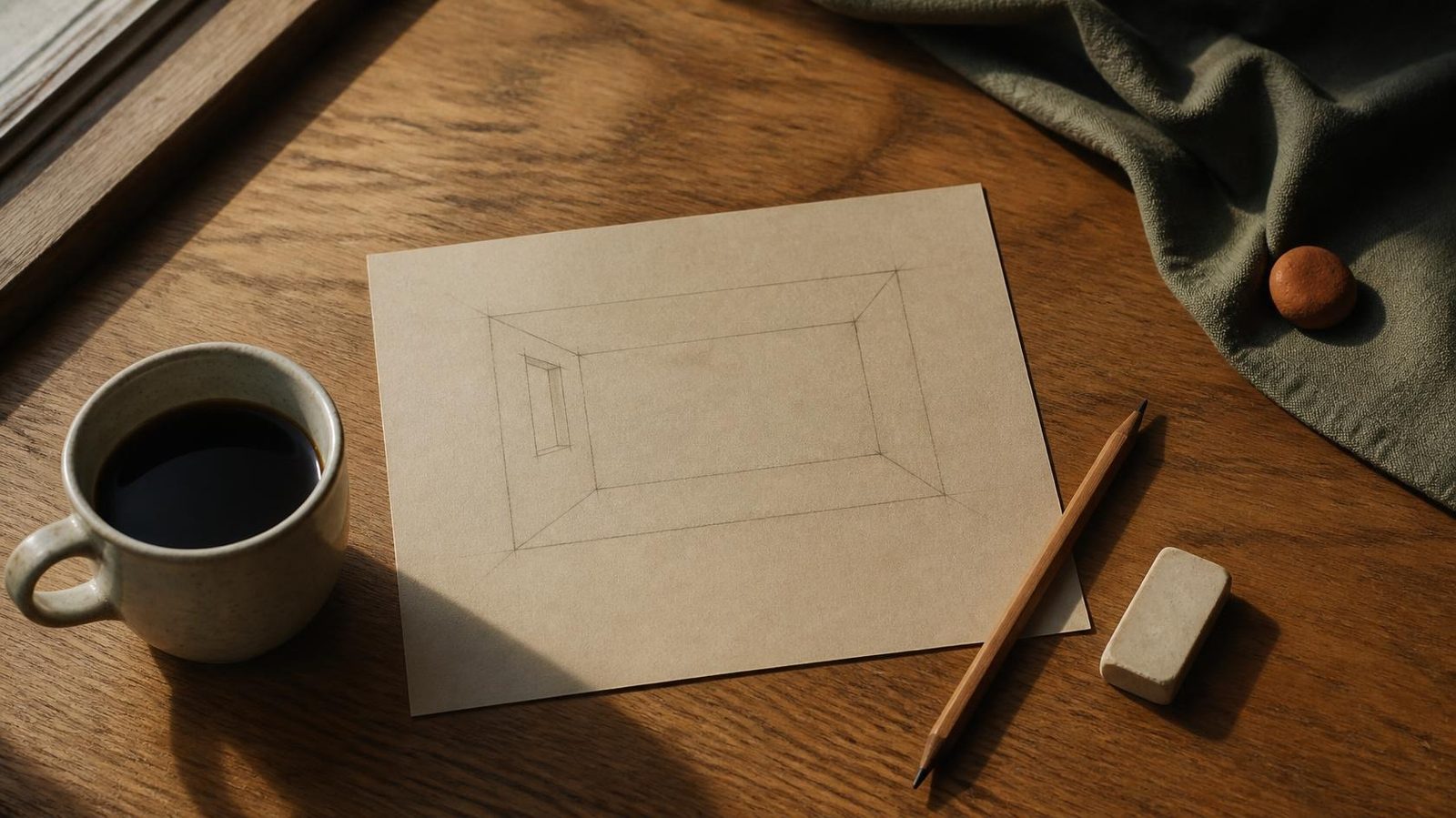 Pencil drawing of an empty room on warm paper with coffee, a pencil, and an eraser.