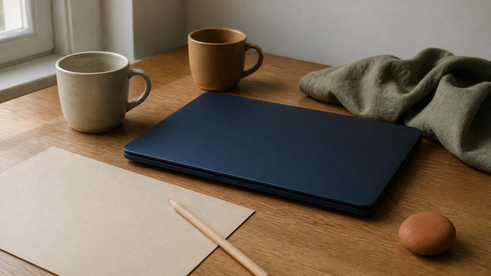 Closed navy laptop and two mugs on an oak desk with blank paper and a pencil.