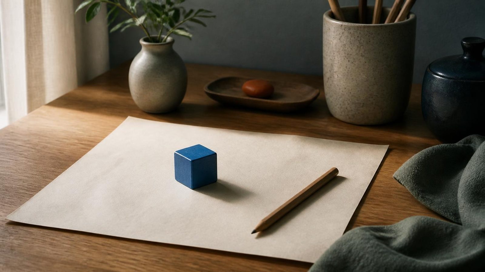 A small blue wooden cube on warm paper beside a pencil and a clay pebble, on an oak desk in window light.
