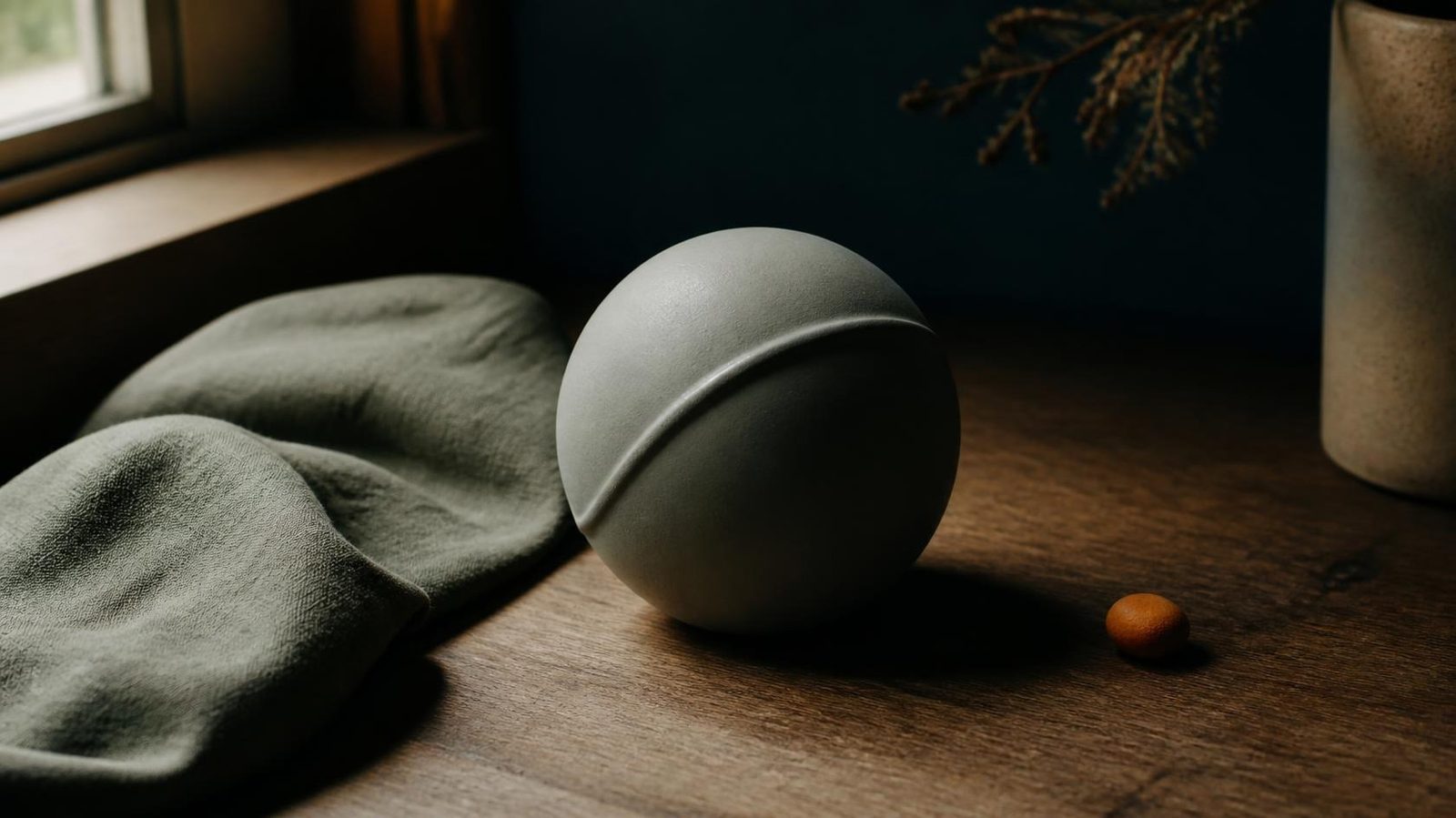 A gray clay sphere with one raised ridge on an oak desk, beside a sage cloth and a small clay pebble.