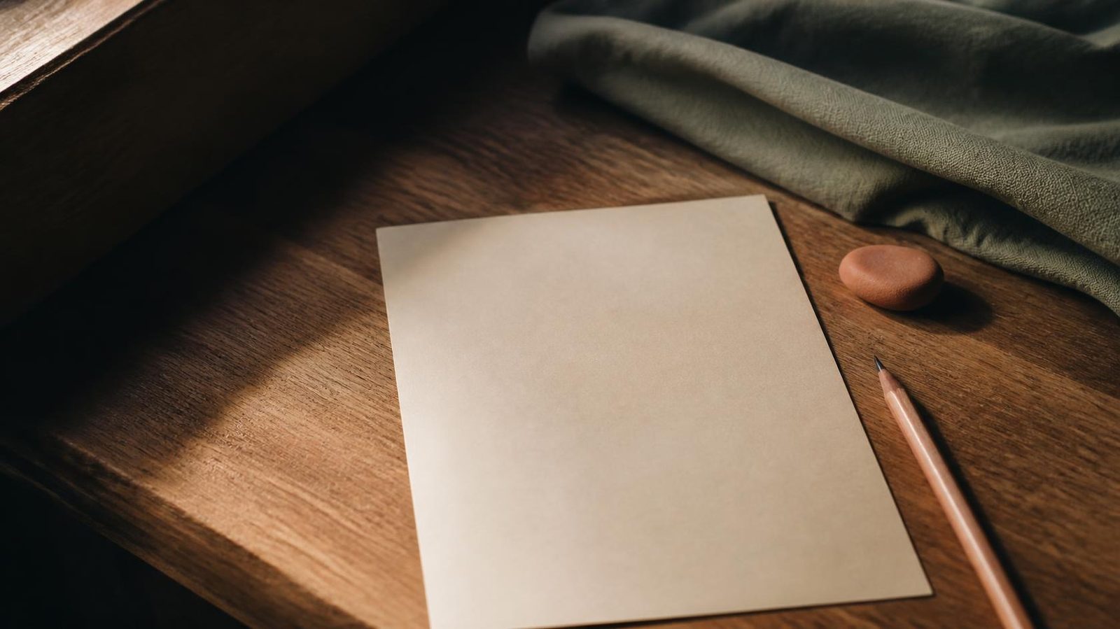 A blank sheet of warm paper and a pencil on an oak desk, with a small clay pebble and sage cloth in window light.