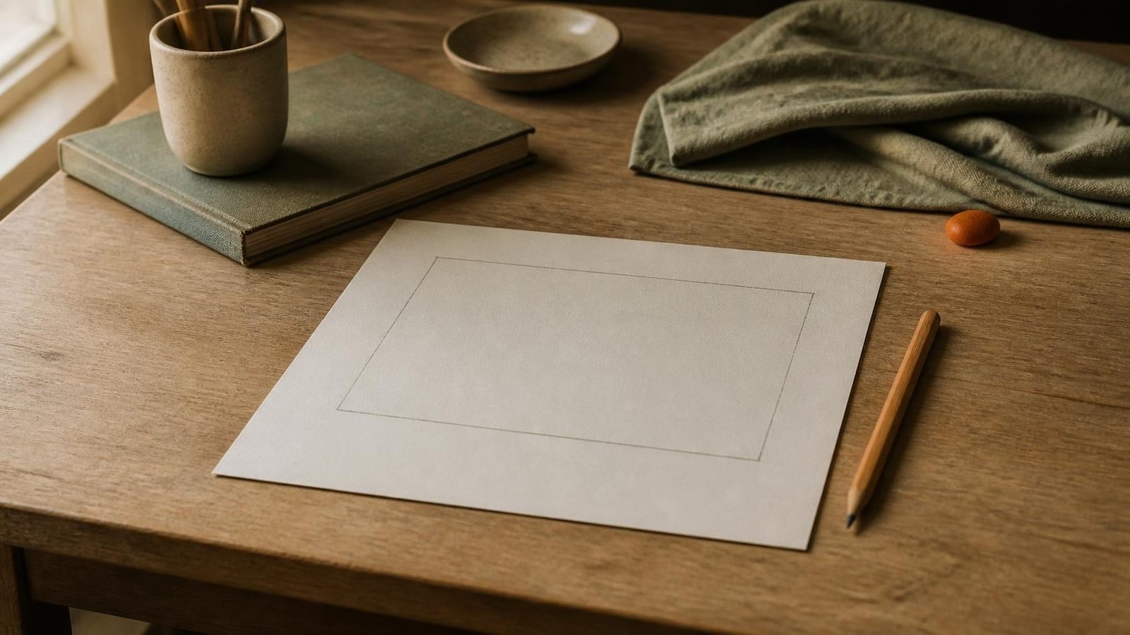 A blank sheet of paper on an oak desk with a simple empty pencil rectangle, a wooden pencil beside it, and a small clay pebble in window light.