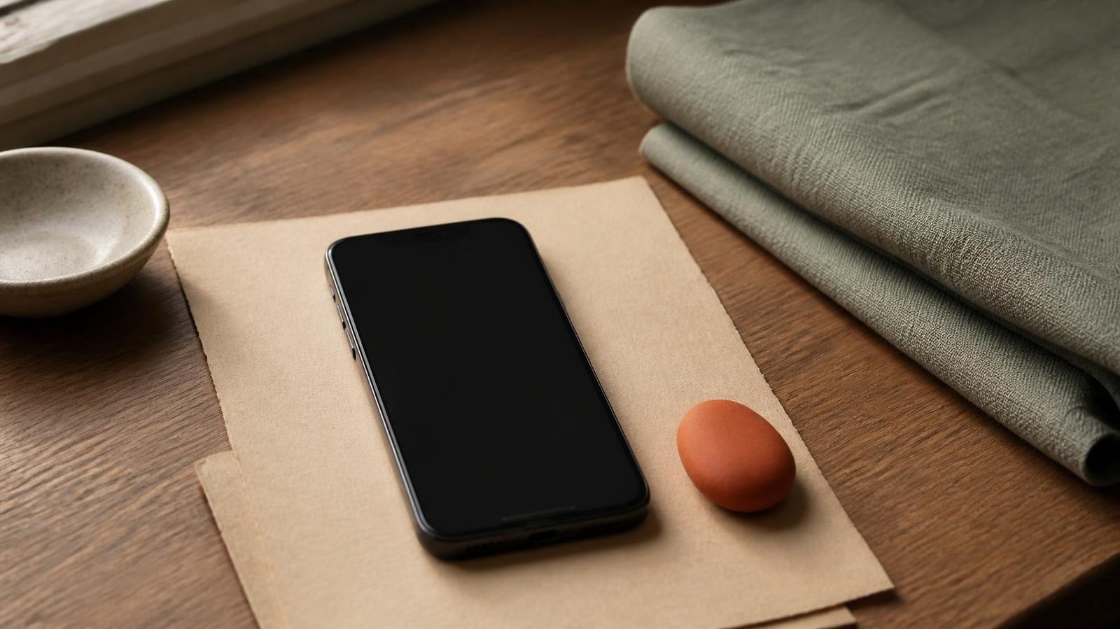 A phone lying face-up with a dark blank screen on warm paper, next to a thumb-sized clay pebble, on an oak desk.