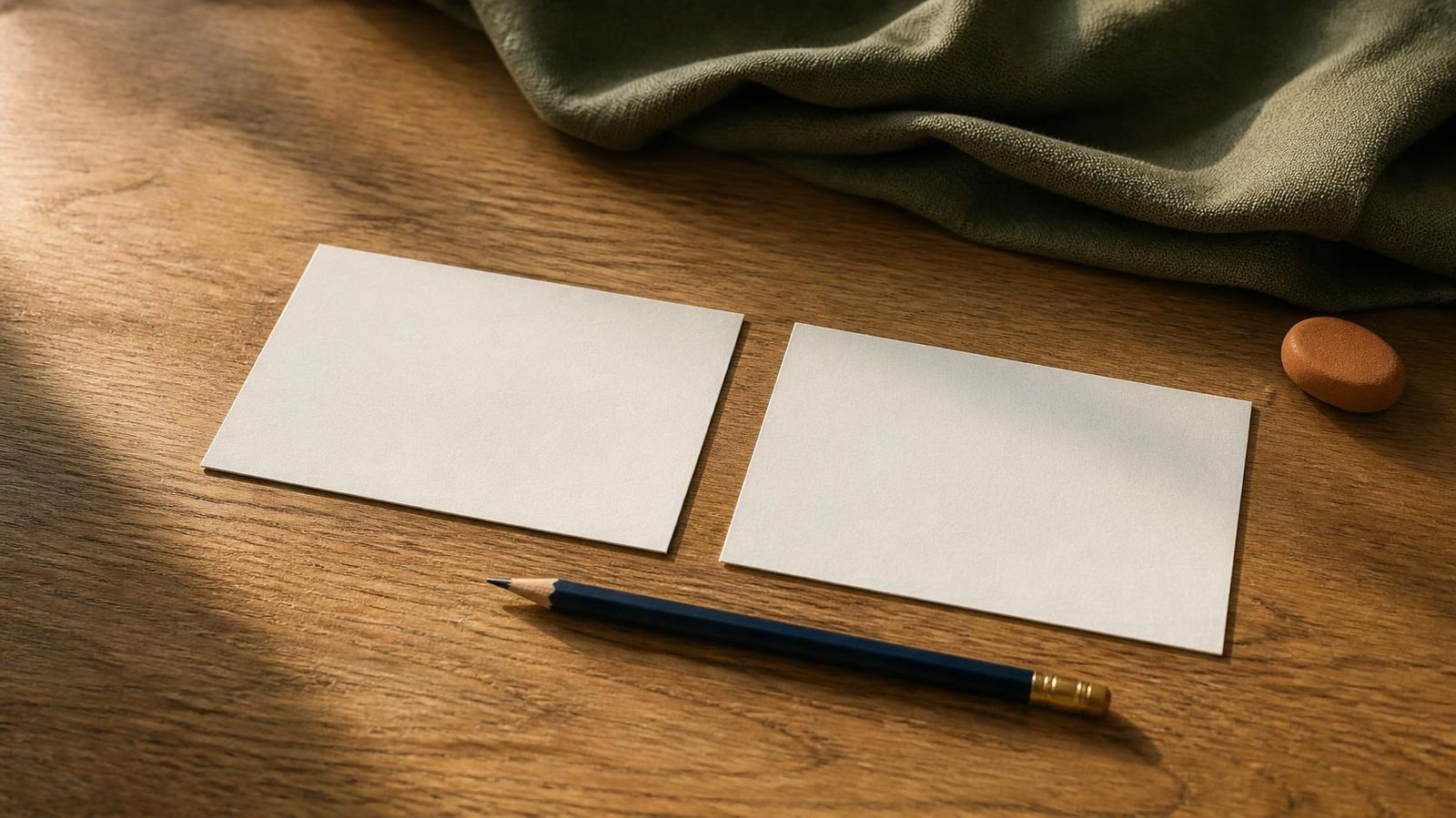 Two blank index cards side by side on an oak desk, with a navy pencil and a small clay pebble in window light.